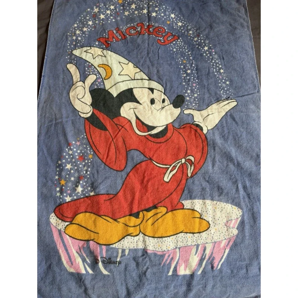 Vintage Disney Sorcerer Mickey Mouse Blue Beach Towel Fantasia Stars